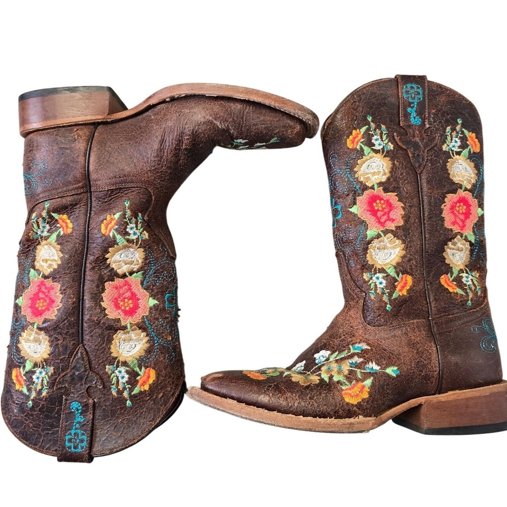 Macie Bean Womens Cowboy Boots Size 2 Brown Floral Embroidered Western - Picture 2 of 8